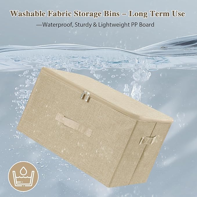 ANMINY Storage Bins with Zipper Lids 36 Qt Lidded Fabric Storage Boxes Baskets Cubes with Handles Collapsible Washable Cotton Linen Closet Shelf Clothes Organizer Containers - Beige, Large