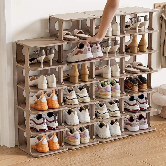 HAIXIN Small Shoe Rack for Closet, 5-Tier Stackable Shoe Organizer for Front Door Entrance, Plastic Vertical Shoe Cubby - Khaki
