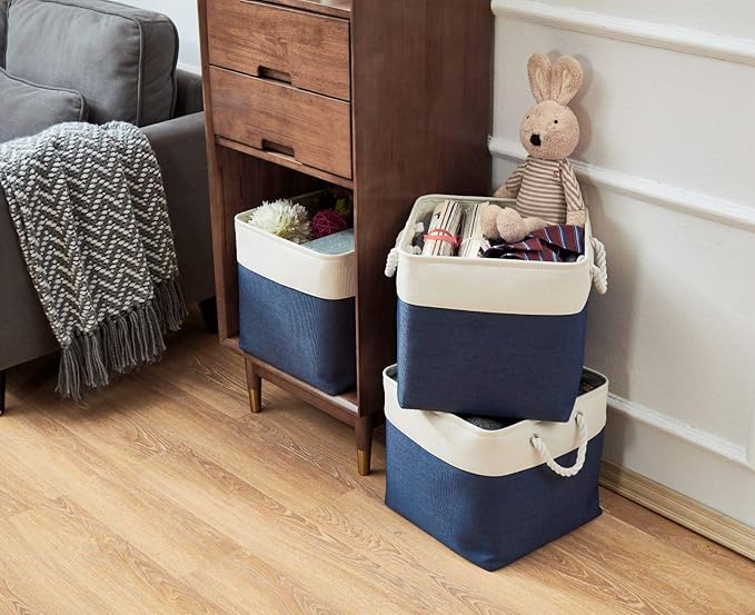 DECOMOMO Cube Storage Bins 13x13 Storage Cubes for Toys, Shelves, Closet and Cube Organizer (Navy Blue & White, 3 Pack)