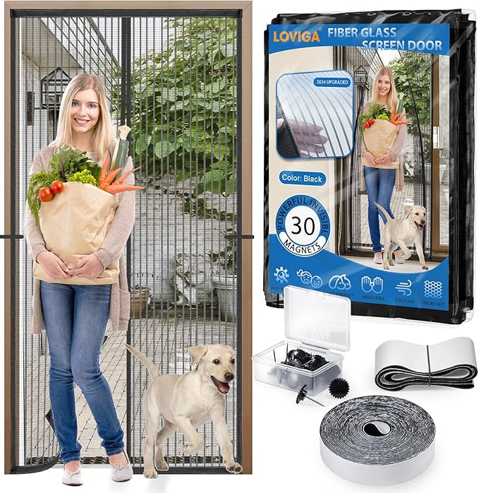 Heavy Duty Door Screen Magnetic Closure, LOVIGA Thickened Fiberglass Screen Door Mesh, Self Sealing, Tear Resistant, Easy Assemble, Fine Mesh Keep Bugs Out Fit Door Size 30 Inch X 82 Inch Black