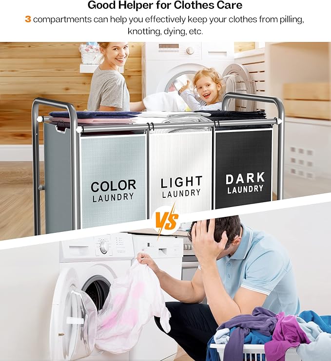 ROMOON Laundry Sorter Hamper 3 Section, Divided Laundry Basket Organizer with Heavy Duty Lockable Wheels and Removable Bags, Rolling Clothes Hamper for Apartment, Dorm & Family (130L Multicolor)
