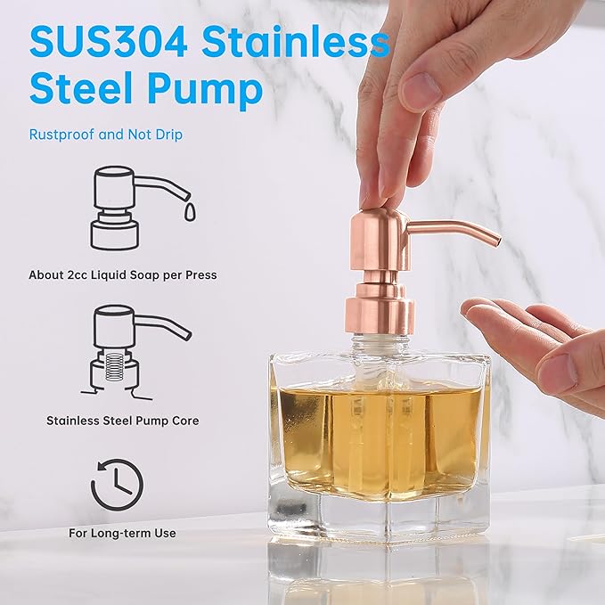 Ximlike Square Bathroom Soap Dispenser Pink Pump, 8.4 oz Glass Bottles with Stainless Steel Pump Rose Gold Retangle Cube Liquid Soap Dispenser Hand Kitchen