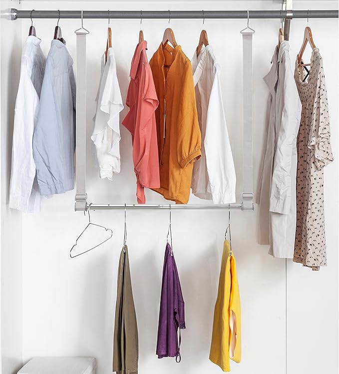 STORAGE MANIAC Hanging Closet Rod, Adjustable Width and Height Closet Hanging Organizer, Space-Saving Clothes Hanging Bar, Closet Extender Hanging Rod Double Closet Hanging Rod, 1 Pack Webbing