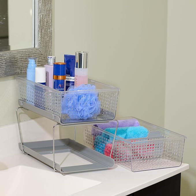 madesmart 2 Tier Organizer, Under Cabinet Storage with Pull Out Sliding Drawers, for Cleaning Supplies, Undersink, Sponges, Bottles & Bath, Adjustable Dividers & Pull Out Baskets, Grey