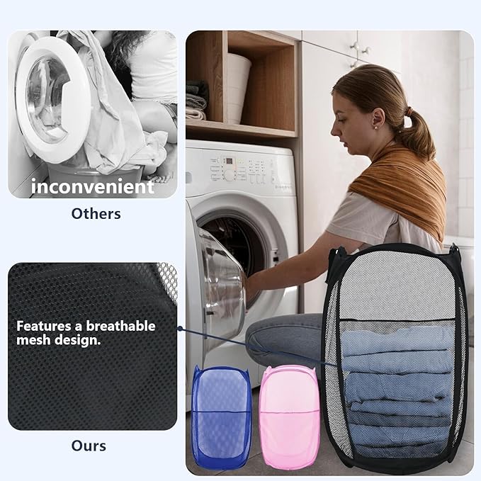 LXLOVESM Pop Up Laundry Hamper, Mesh Laundry Basket Collapsible, Foldable Hamper for Travel and Storage, 3 Pack (Black+Pink+Blue)