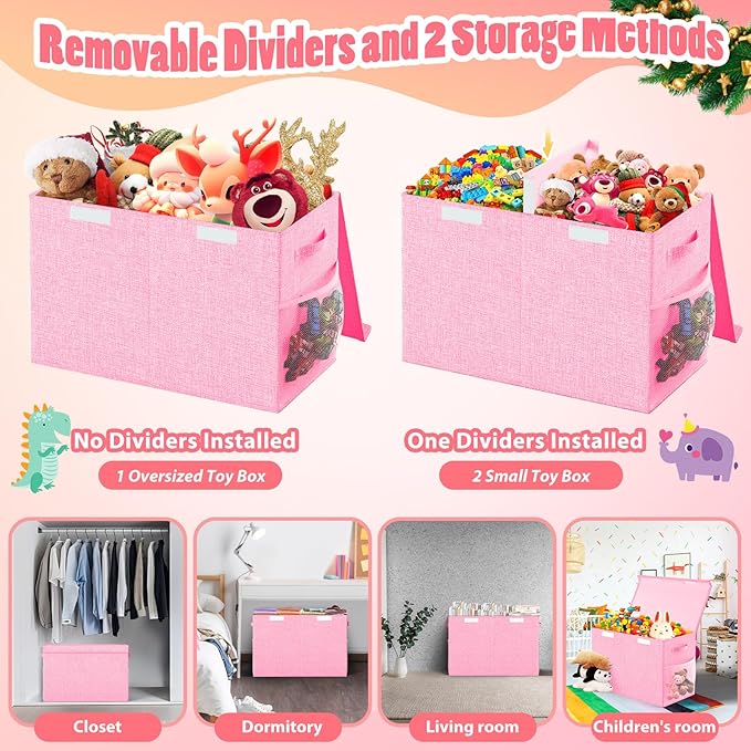 Large Toy Storage Box with Lid Divider, Sturdy Collapsible Toys Organizer Chest Kids Storage Bins Boxes Baskets for Boys, Girls, Nursery, Bedroom, Living Room, Playroom, 25"x13"x16", Pink