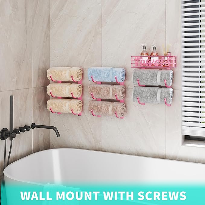 HapiRm Towel Racks for Bathroom Storage - 9 Tier Over The Door & Wall Mount Rolled Towel Storage Organizer Holder with Metal Shelf Basket for Small Bathroom, Camper, Rv - Pink, Patented