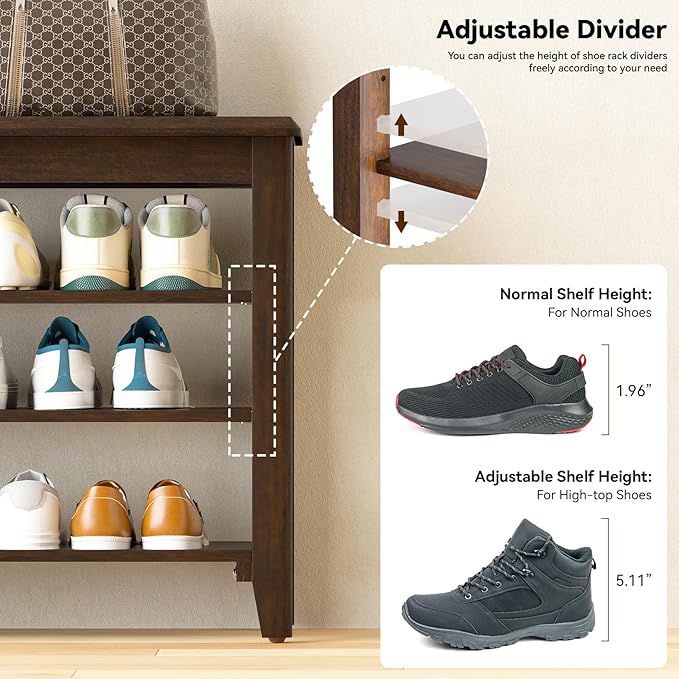 Taitiy Shoe Bench Storage Rubberwood, Entryway Bench with 3-Tiers Height Adjustable, Shoe Rack Front Door Entrance Organizer for Hallway Living Room, Mudrooms, Walnut,39.4"