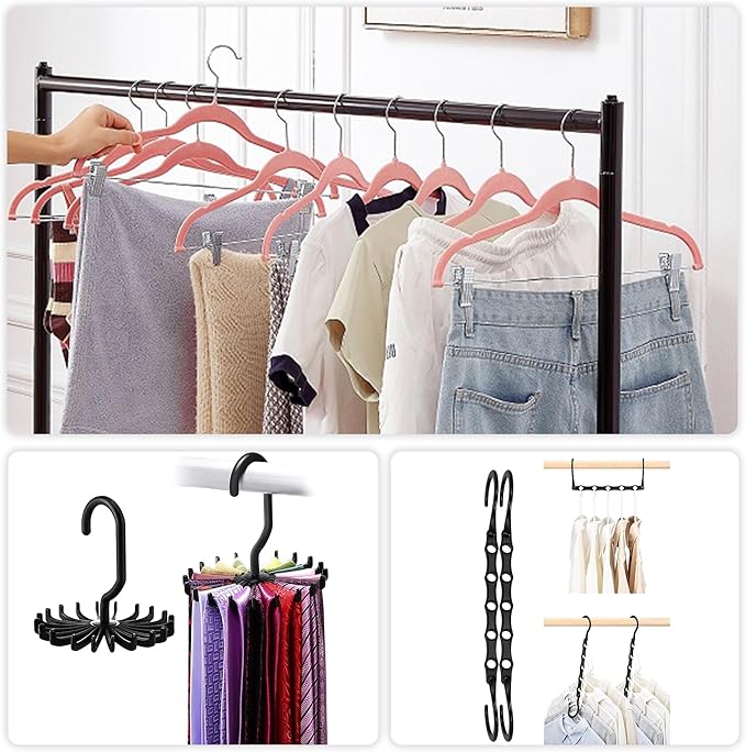 VECELO 40 Pack Velvet Clothes Hangers with Adjustable Clips,Heavy-Duty Non Slip & Space-Saving with 1 Magic Hangers & 2 Tie Rack for Suit Coat Pants Skirt Dresses