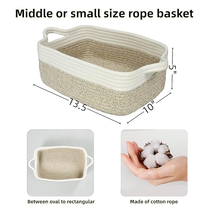 Woven Cotton Rope Storage Basket with Handles for Organizing Shelves Closet Small Cat Dog Pet Toy Baskets Box Bin Decorative Rectangle Baby Nursery Basket Gift Basket Empty