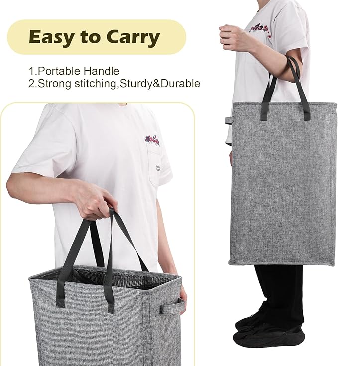 Odonata Slim Laundry Hamper Handles Collapsible Laundry Basket Thin Dirty Clothes Basket Narrow Laundry Bag Foldable Dirty Hamper 45L (Heather Grey)