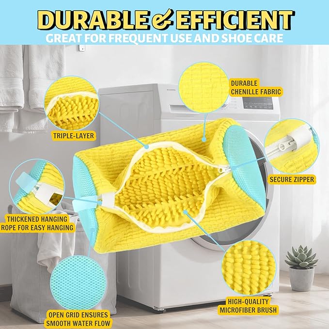 Shoe Washing Machine Bag, 4-Pack Reusable Laundry Shoe Bags for Washer & Dryer, 360° Deep Cleaning Mesh Bags with Self-Locking Zipper for All Shoes Types Including Sneakers (2 Blue & 2 Yellow)