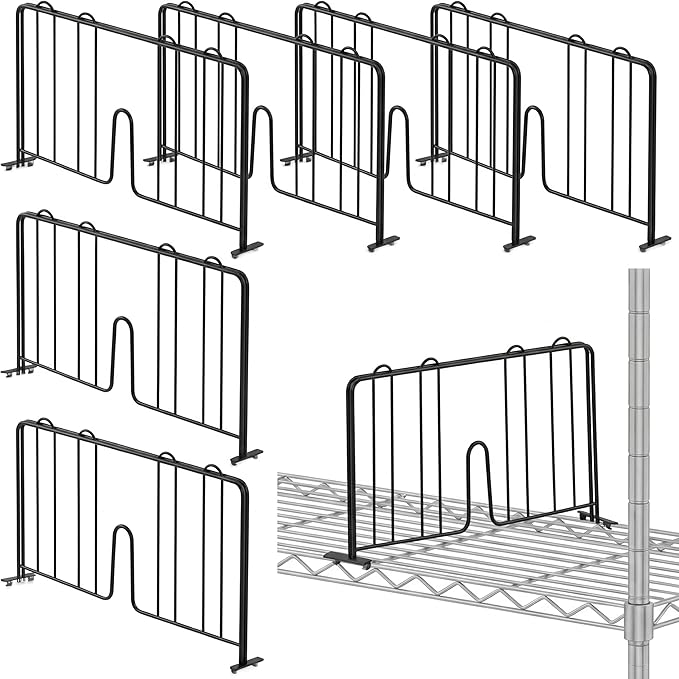 6 Pcs 18" W x 9" H Wire Shelf Divider Chrome Plated Steel Wire Rack Divider for Shelving Metal Accessories for Bathroom Kitchen Office Pantry Room Storage Organization, Black