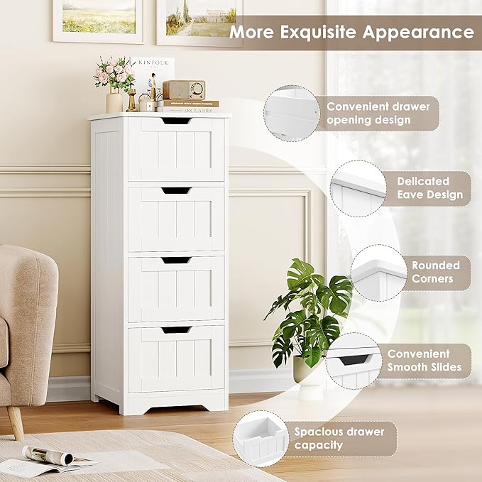 FOTOSOK Bathroom Storage Cabinet, Set of 2, Bathroom Cabinet with 4 Drawers, 11.8” x 11.8” x 32.5” Freestanding Entryway Cupboard Storage Organizer Unit Home Furniture Decor, White