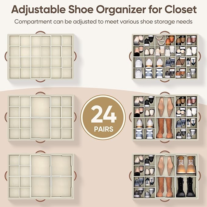 Shoe Organizer for Closet, 1 Pack Shoe Storage Container with Adjustable Dividers, Space Saving Shoe Box Storage Organizer Bin with Clear Lid and 4 Handles, Fits 12-24 Pairs, Beige