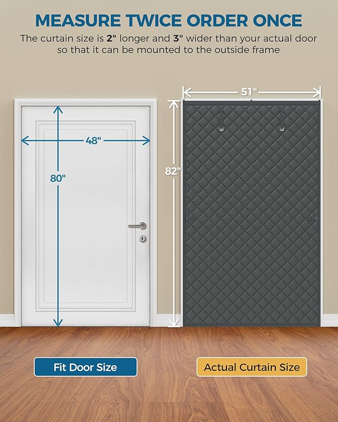 Thermal Insulated Door Curtain Fits Door Size 48 x 80 Inch, Oxford Cloth Thicken Cotton Filled, Curtain Size 51" x 82", Single Piece Door Insulation Blanket Cover for Cold in Winter, Grey