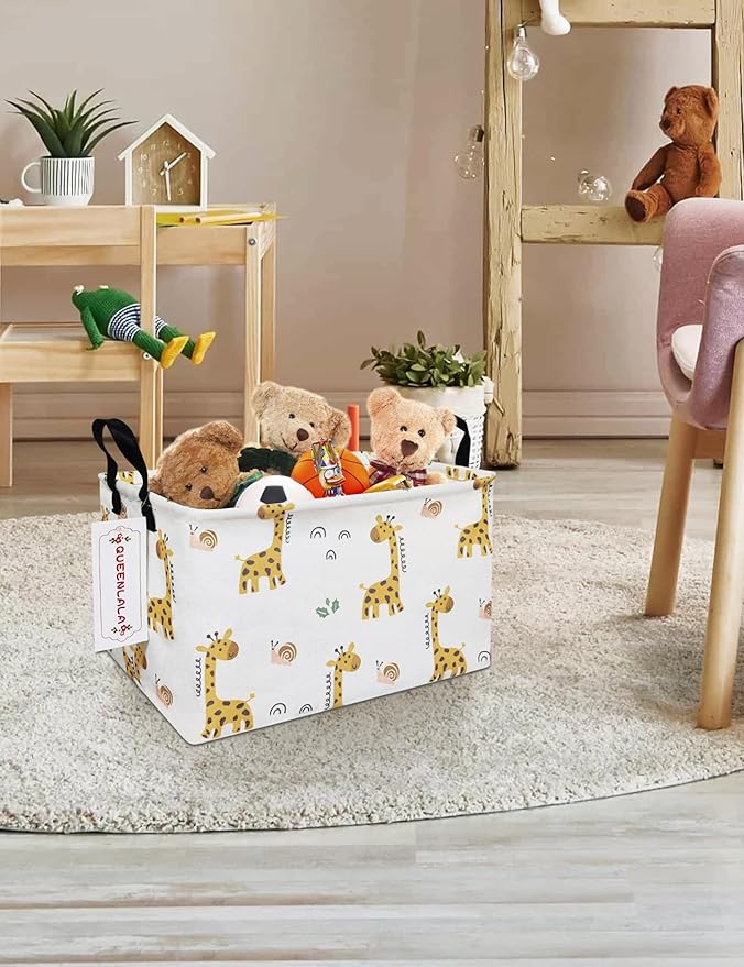 QUEENLALA Rectangular Laundry Hamper/Foldable Nursery Laundry Basket for Organizing/Storage Bin Baskets/Children Toy Office Bedroom/Toy Bin Closet Shelf Baskets (Rec-Giraffe)