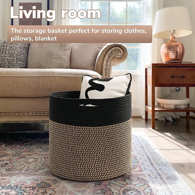 Goodpick Woven Rope Storage Basket, Blanket Basket for Towel, Shoe, Clothes, Large Toy Storage for Playroom, Living Room, Nursery, Toy Bin, Black