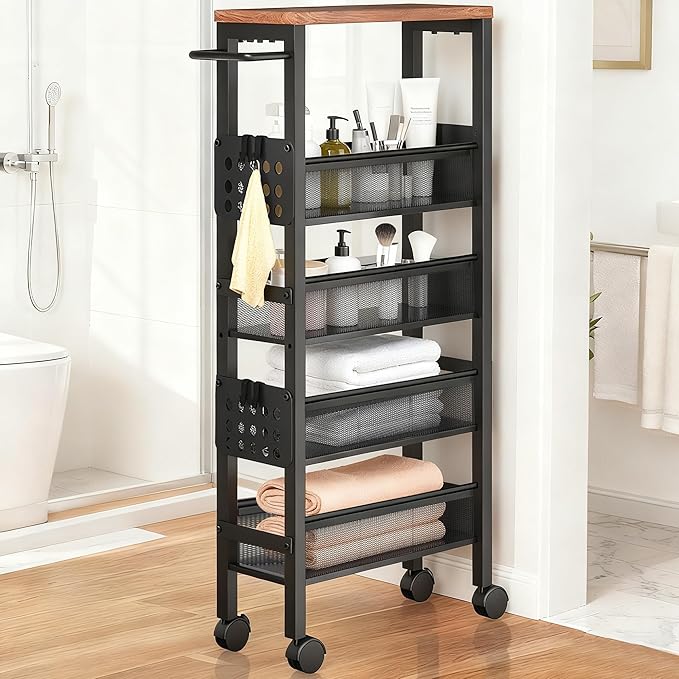 TORIBIO Slim Storage Cart, 5 Tier Narrow Kitchen Rolling Cart with Wheels for Small Space,Mobile Utility Cart Shelving Unit with Metal Frame and Wooden Top for Kitchen, Bathroom, Laundry Room