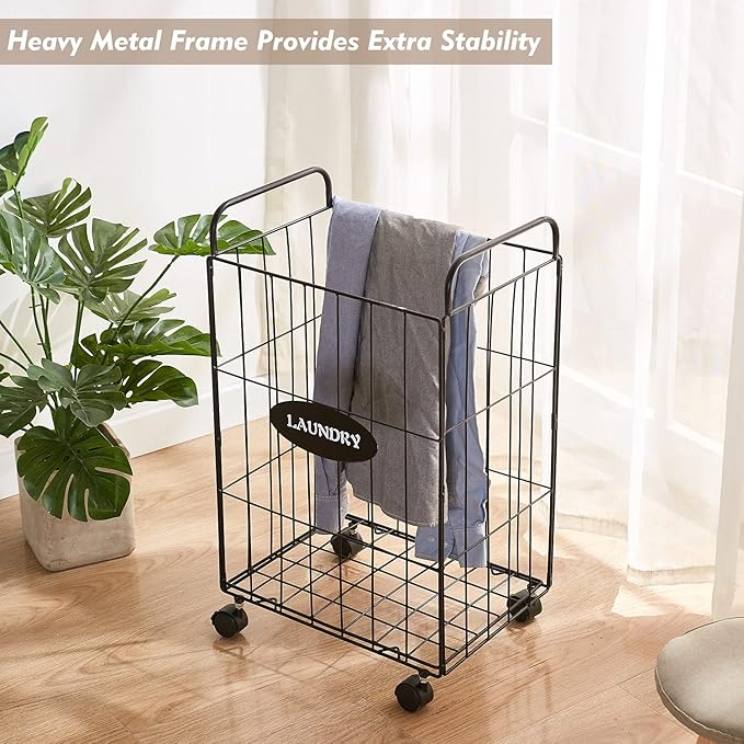 Mxfurhawa Iron Wire Laundry Hamper With Rolling Lockable Wheels, Folding Laundry Storage Basket with Handles,Detachable Liner Collapsible Dirty Laundry Cart Sorter Clothes Basket Organizer (23.6 inch)
