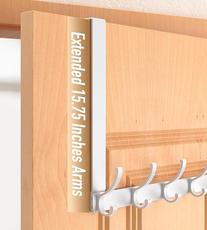 CHAUNCEY HOME Long Over The Door Hooks Hanger with 15.75" Arms for Easier Access by Shorter, Heavy Duty Door Hanger for Coat, F16U, Fits Standard 1 3/8'' Doors, Towel Racks for Bathroom, White