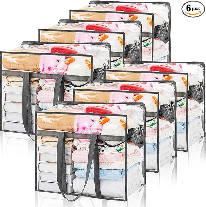 6 PCS Clear PVC Zippered Storage Bags 40L Plastic Closet Organizers and Storage Containers Foldable Moving Bags with Reinforced Handles for Bedding, Blankets, and Seasonal Clothes(Grey)