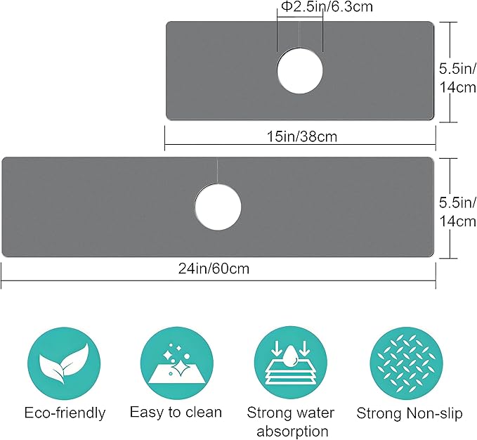 Kitchen Sink Splash Guard Faucet Mat -2 PC Super Absorbent Fast Drying Mat Sink Gadgets-Splash Guard Behind Faucet Drip Catcher for Kitchen(23.5" X 5.5" )