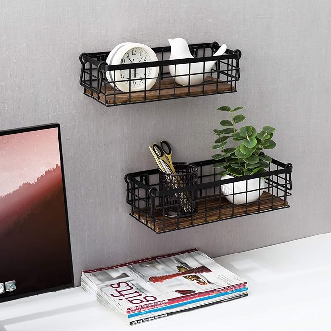 MyGift Set of 2 Black Wire Baskets for Organizing – Storage Baskets/Pantry Baskets for Shelves & Wall
