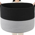 Foldable Laundry Hamper Basket with Collapsible Handle Cotton Rope Soft Woven Fabric Storage Organizer Clothes Toys Nursery Bedroom Dorm Space Saving Bin (Black & Grey, 115L(23.6"D x 15.7"H))