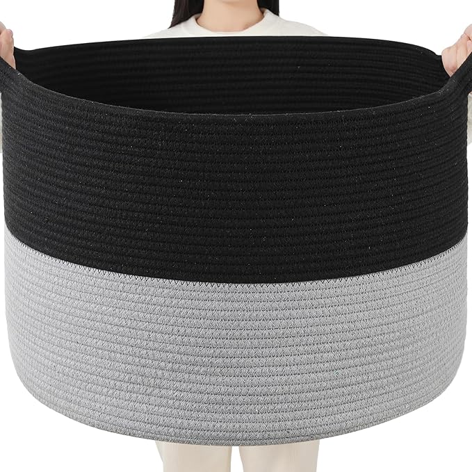 Foldable Laundry Hamper Basket with Collapsible Handle Cotton Rope Soft Woven Fabric Storage Organizer Clothes Toys Nursery Bedroom Dorm Space Saving Bin (Black & Grey, 115L(23.6"D x 15.7"H))