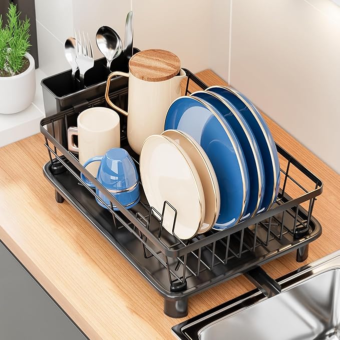 Dish Drying Rack, Stainless Steel Dish Racks for Kitchen Counter, Sink Organization and Storage Essentials, Kitchen Organizer for Forks, Spoons Dishes,Cup and Bottle (Black, 14.96''*11.02''*6.69'')