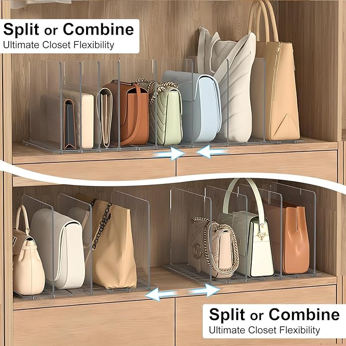 Bag & Purse Organizer for Closet: Adjustable Clear Handbag Storage Shelf - Plastic Clutch Dividers for Closet Organizers and Storage - Keep Carteras & Pocketbook Upright