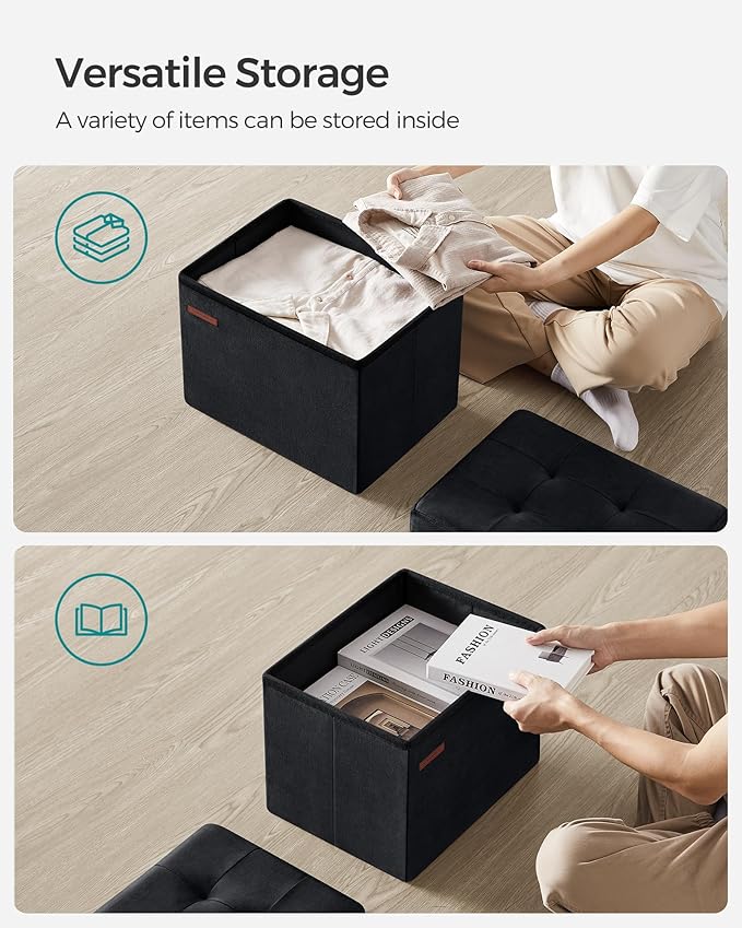 SONGMICS Storage Ottoman, Foldable Small Ottoman Foot Rest, 12.2 x 16.1 Inches Foot Stool, Ottoman with Storage, Load up to 286 lb, for Living Room, Bedroom, Dorm, Ink Black ULSF200B01