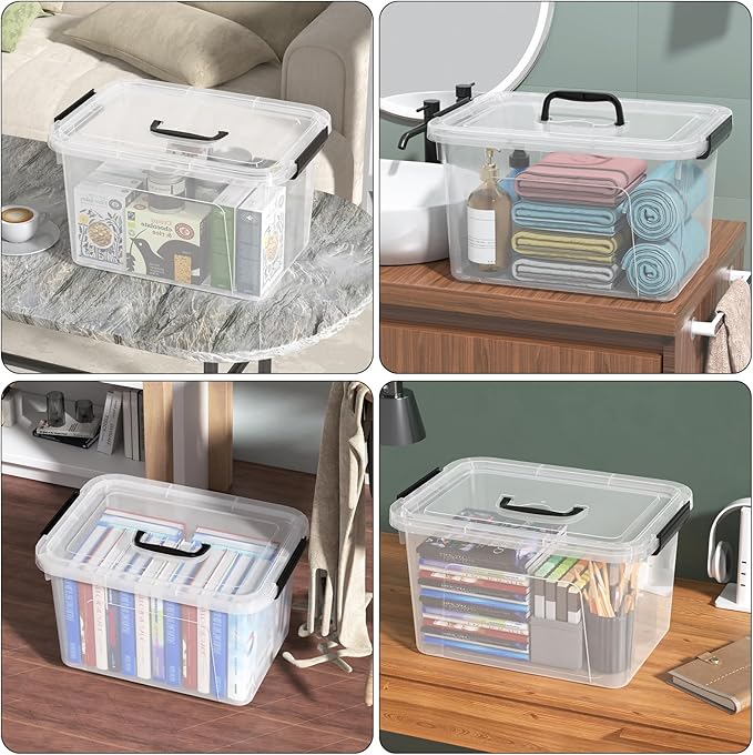 Knifefish 4-Pack Plastic Storage Bins Boxes Containers with Lids, 18 L Clear Latching Box with Handle