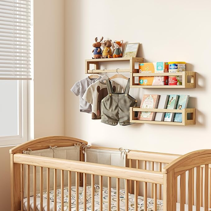 Upgraded Thick Floating Shelves - Multi-Use Wall-Mounted Bookshelves for Kids and Nursery, Ideal for Books, Toys, Spice Rack, Decor - NaturalWood