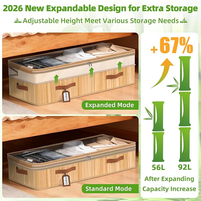 Livole 3 Pack Bamboo Under Bed Storage, 6-10 inches Height Adjustable Underbed Storage Containers, 92L XXXL Large Under Bed Storage Bins with Clear Lid & Label for Clothes, Blankets, Sweater, Shoes