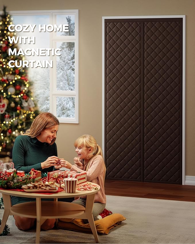 Magnetic Thermal Insulated Door Curtain Fits Door Size 32 x 80 Inch, Insulation Cover for Cold, Oxford Cloth Thicken Cotton Filled Blanket for Front Back Attic Door in Winter, Brown