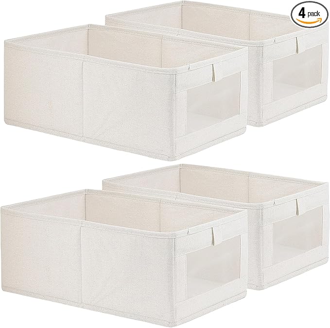 4 Pack Linen Storage Bins, Storage Containers for Organizing Clothing, Jeans, Toys, Books, Shelves, Closet, Wardrobe - Closet Organizers and Storage, Large Storage Boxes Baskets with Window