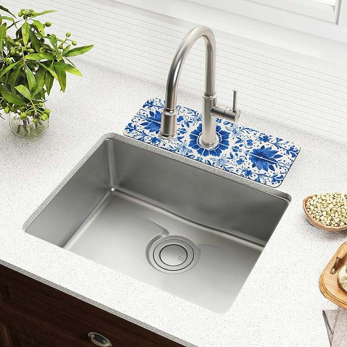 Kitchen Sink Splash Guard 2 PCS 30 Inch Sink Faucet Mat Splash Guard for Bathroom Countertop Water Absorbent Foldable Cuttable Soft Washable Floral Blue and White Tile