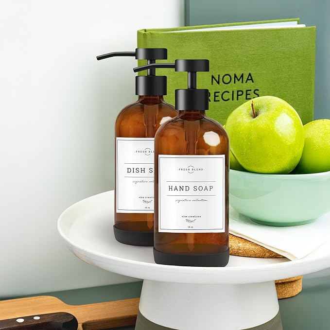 Vine Creations Amber Glass Soap Dispenser Set - Kitchen Soap Dispenser Set with Stainless Steel Pump - 16 oz Dish Soap and Hand Soap Dispensers for Bathroom with Silicone Pad & Waterproof Labels