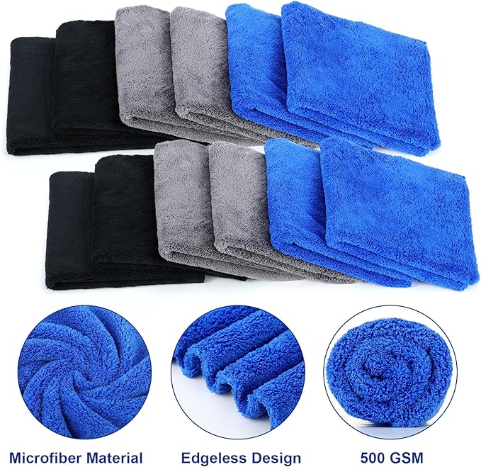 Shimeyao 30 Pcs 16 x 16 Inch Edgeless Microfiber Plush Towels for Cars Detailing Drying Wash Polishing Absorbent Cleaning Cloths, 500 GSM(16 x 16 Inch, Navy Blue, Gray, Black, 30 Pcs)