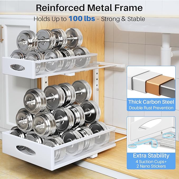 Under Sink Organizer, 2 Tier Pull Out Under Cabinet Organizer Shelf with Pad for Framed Cabinets, Metal Slide Out Under Sink Storage, Mesh Sliding Drawers for Kitchen Bathroom Laundry(White, 1 Pack)