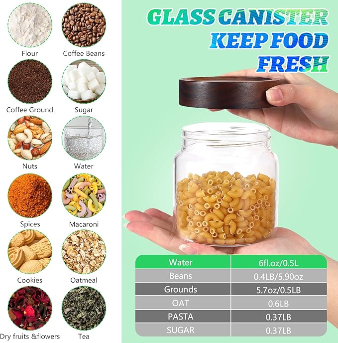 Patoper Glass Coffee Jars Spice Jar Round Storage Canister with Wooden Lid Clear Glass Food Jar for Pantry Sugar Tea Coffee Bean Spice Nuts Cookies Bath Salts (500ml/16oz-1pack)