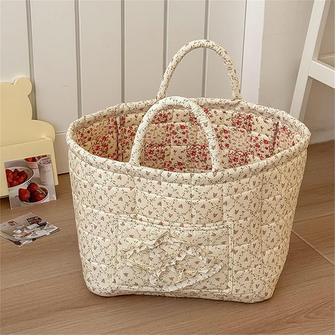 Quilted Fabric Storage Basket with Handles & Pocket, Foldable Laundry Hamper Boho Floral Print Organizer Bin for Home, Picnic, Office 12"x10"x10" (A-2)