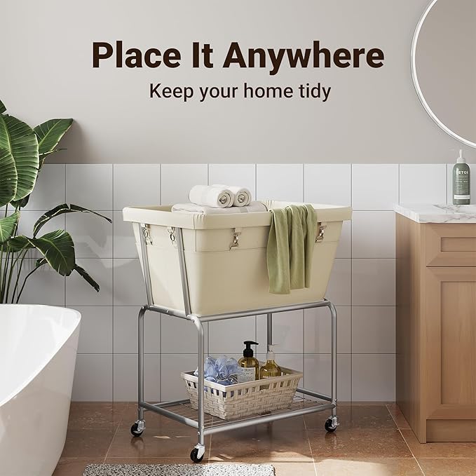 ELYKEN Laundry Cart with Wheels, Rolling Laundry Hamper with Removable Bag and Shelf, Metal Frame Laundry Basket with 4 Casters and 2 Brakes, Ideal for Bedroom, Bathroom, Laundry Room, Cream