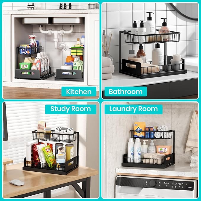 FUNFERY 2 Pack Under Sink Organizers and Storage,Pull-Out Cabinet Organizer,Under Kitchen Sink,Cabinet,Bathroom Organizers and Storage,L Shaped Pantry Organizer for Kitchen Storage Organization,Black