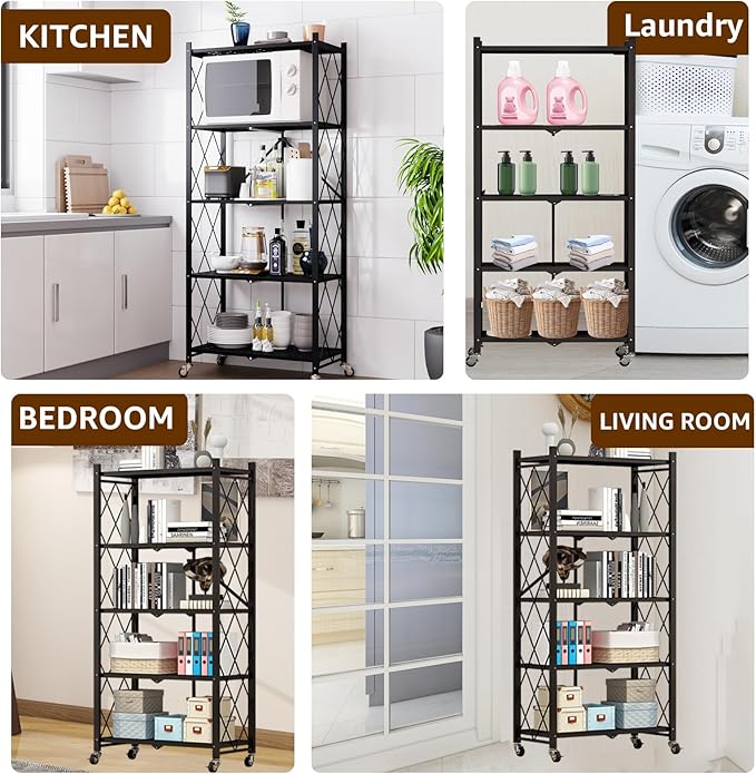 Heavy Duty 5-Tier Foldable Storage Shelf with Locking Wheels, No Assembly Metal Shelving Unit, Space-Saving Organizer for Garage, Kitchen, Basement, Pantry, 28" x 14" x 62", Black (1)