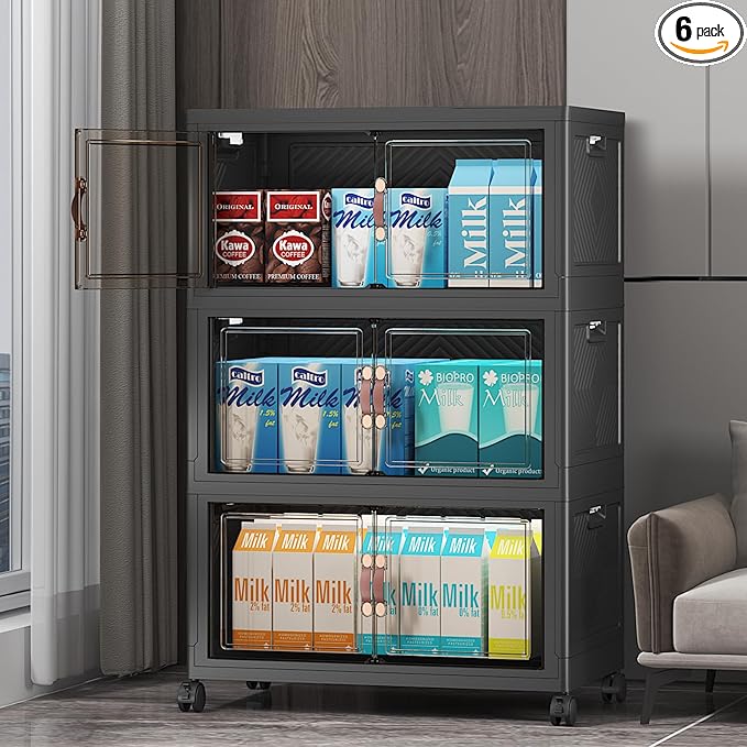 Extra Large Stackable Storage Bins with Lids & Wheels & Door,Foldable Collapsible Closet Organizers, Plastic containers drawers for bedroom Dorm (Dark-55qt, 3Pack with 1 top lid)