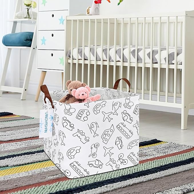 LANGYASHAN Square Storage Baskets Waterproof Canvas Children Laundry Nursery Hamper for Shelves Gift Baskets Toy Organizer Room Decor(Vehicle)
