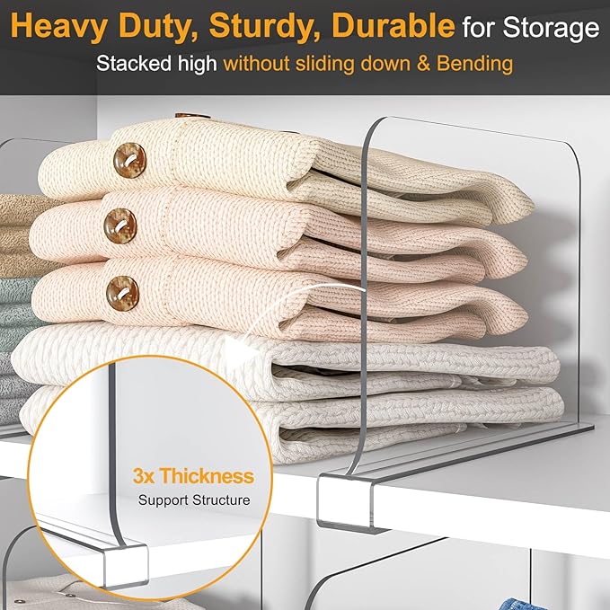 OKPOW Shelf Dividers for Closet Organization: 8" Tall X 12" Deep Acrylic Clear Sturdy Separators for Clothes Purse - Adjustable Easy Install Storage for Wood Cabinet Home Organizer Housewife 6 Pack